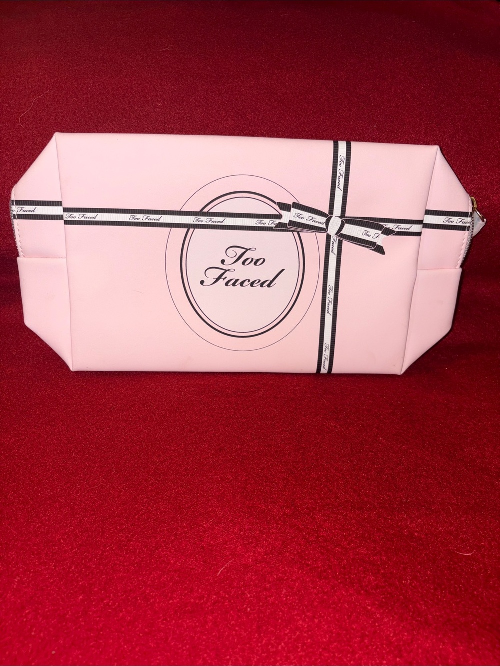 Too Faced Light Pink Cosmetic Pouch with Ribbon Print